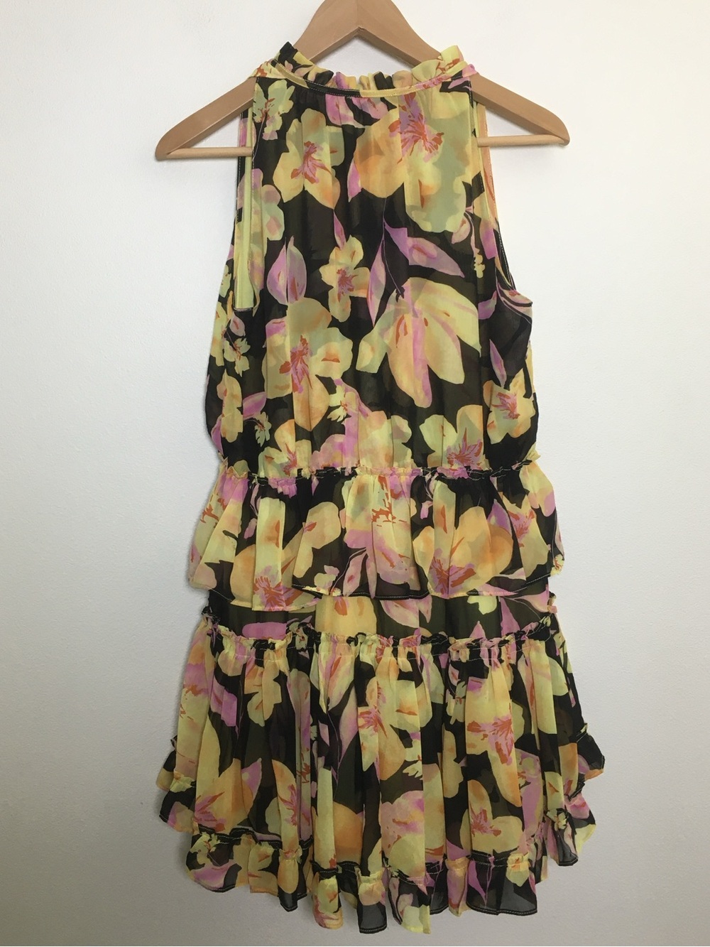 Reset | Black Floral Tiered Ruffle Dress with Yellow and Pink Blooms